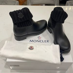 Moncler Ginette Knit Cuff Leather Rain Boot